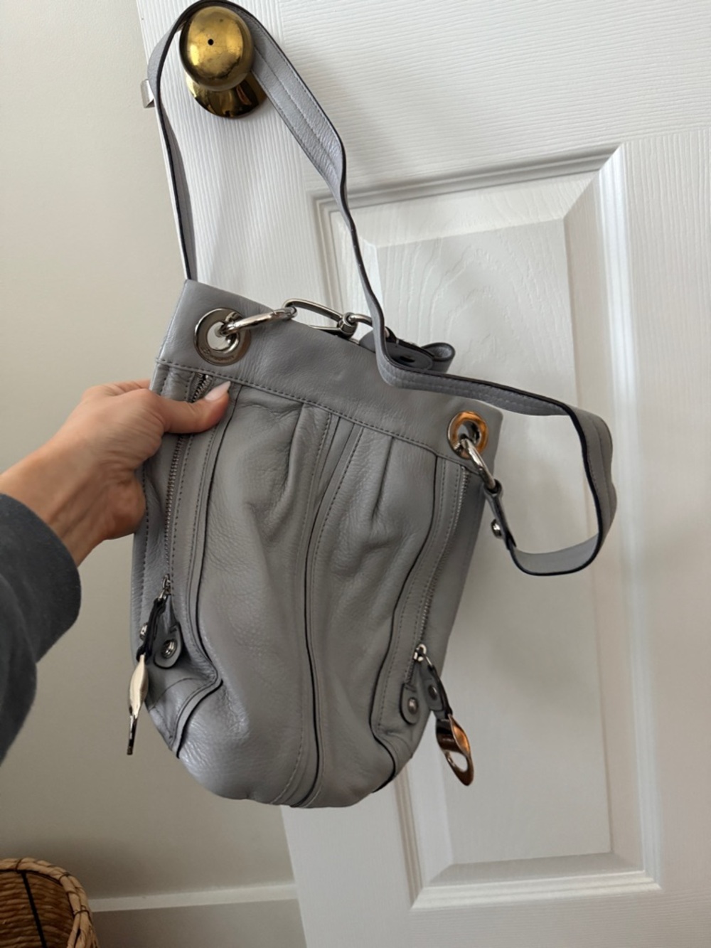 b. makowsky Gray Leather Shoulder Bag with Silver Hardware